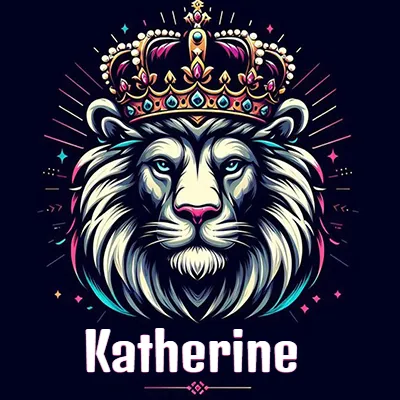Dibujo majestuoso de león con corona enjoyada, rayos de luz detrás y nombre en la parte inferior. - Katherine