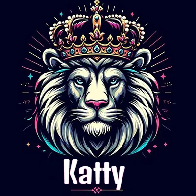 Dibujo majestuoso de león con corona enjoyada, rayos de luz detrás y nombre en la parte inferior. - Katty
