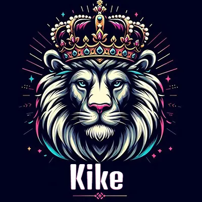 Dibujo majestuoso de león con corona enjoyada, rayos de luz detrás y nombre en la parte inferior. - Kike Dibujo majestuoso de león con corona enjoyada, rayos de luz detrás y nombre en la parte inferior. - Kike