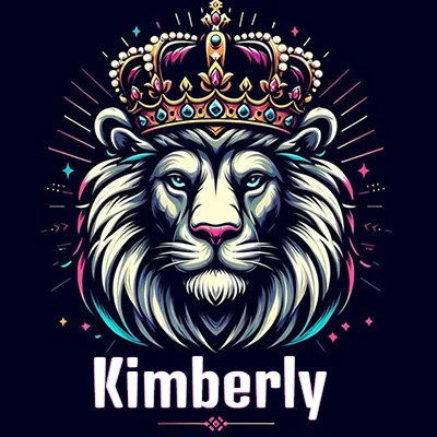 Dibujo majestuoso de león con corona enjoyada, rayos de luz detrás y nombre en la parte inferior. - Kimberly