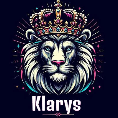 Dibujo majestuoso de león con corona enjoyada, rayos de luz detrás y nombre en la parte inferior. - Klarys