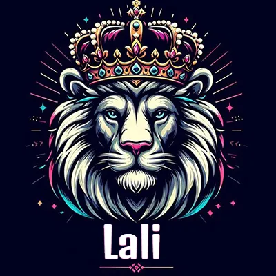 Dibujo majestuoso de león con corona enjoyada, rayos de luz detrás y nombre en la parte inferior. - Lali