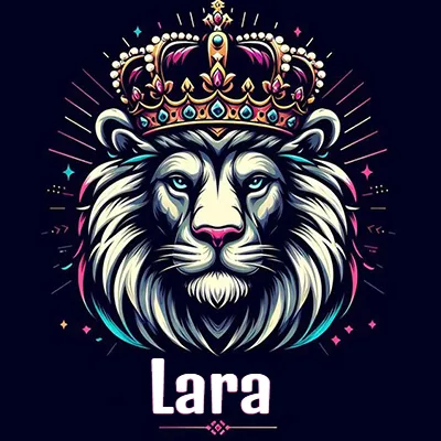 Dibujo majestuoso de león con corona enjoyada, rayos de luz detrás y nombre en la parte inferior. - Lara