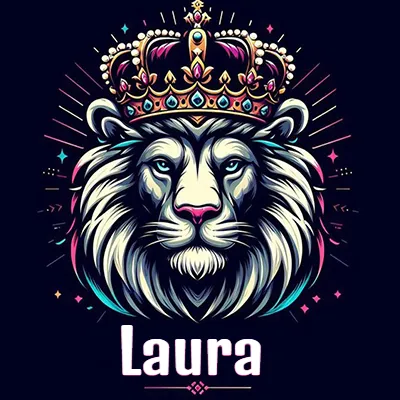 Dibujo majestuoso de león con corona enjoyada, rayos de luz detrás y nombre en la parte inferior. - Laura
