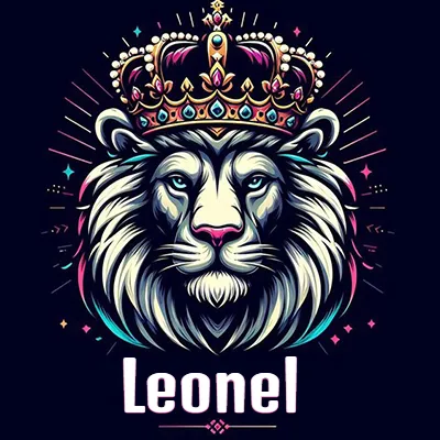 Dibujo majestuoso de león con corona enjoyada, rayos de luz detrás y nombre en la parte inferior. - Leonel Dibujo majestuoso de león con corona enjoyada, rayos de luz detrás y nombre en la parte inferior. - Leonel