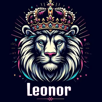 Dibujo majestuoso de león con corona enjoyada, rayos de luz detrás y nombre en la parte inferior. - Leonor Dibujo majestuoso de león con corona enjoyada, rayos de luz detrás y nombre en la parte inferior. - Leonor