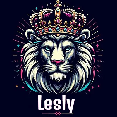 Dibujo majestuoso de león con corona enjoyada, rayos de luz detrás y nombre en la parte inferior. - Lesly Dibujo majestuoso de león con corona enjoyada, rayos de luz detrás y nombre en la parte inferior. - Lesly