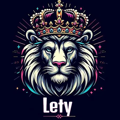 Dibujo majestuoso de león con corona enjoyada, rayos de luz detrás y nombre en la parte inferior. - Lety