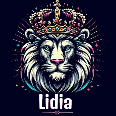 Dibujo majestuoso de león con corona enjoyada, rayos de luz detrás y nombre en la parte inferior. - Lidia Dibujo majestuoso de león con corona enjoyada, rayos de luz detrás y nombre en la parte inferior. - Lidia
