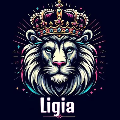 Dibujo majestuoso de león con corona enjoyada, rayos de luz detrás y nombre en la parte inferior. - Ligia