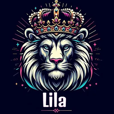 Dibujo majestuoso de león con corona enjoyada, rayos de luz detrás y nombre en la parte inferior. - Lila