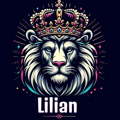 Dibujo majestuoso de león con corona enjoyada, rayos de luz detrás y nombre en la parte inferior. - Lilian