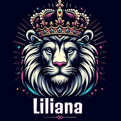 Dibujo majestuoso de león con corona enjoyada, rayos de luz detrás y nombre en la parte inferior. - Liliana
