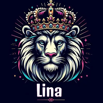 Dibujo majestuoso de león con corona enjoyada, rayos de luz detrás y nombre en la parte inferior. - Lina