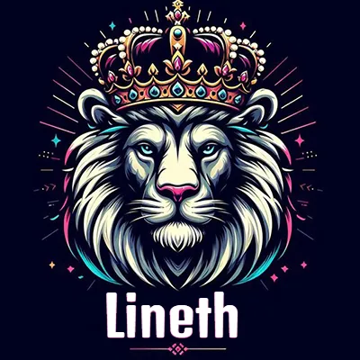 Dibujo majestuoso de león con corona enjoyada, rayos de luz detrás y nombre en la parte inferior. - Lineth