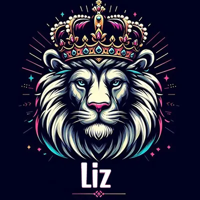 Rostro de león blanco y azul con expresiones serenas y seguras, llevando una corona real engastada con gemas púrpuras y perlas, con un fondo de líneas de luz coloridas que asemejan estrellas. El nombre Liz está escrito en una tipografía vertical simple debajo de la barbilla del león en el centro de la imagen.