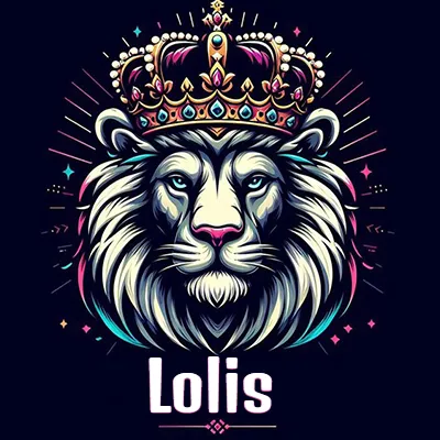 Dibujo majestuoso de león con corona enjoyada, rayos de luz detrás y nombre en la parte inferior. - Loli