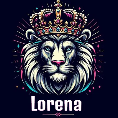 Dibujo majestuoso de león con corona enjoyada, rayos de luz detrás y nombre en la parte inferior. - Lorena