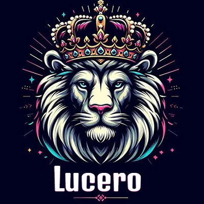 Dibujo majestuoso de león con corona enjoyada, rayos de luz detrás y nombre en la parte inferior. - Lucero