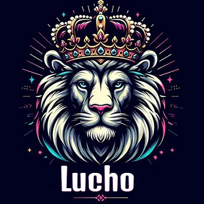 Dibujo majestuoso de león con corona enjoyada, rayos de luz detrás y nombre en la parte inferior. - Lucho