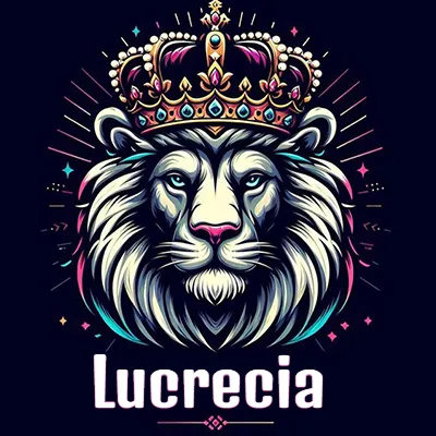 Dibujo majestuoso de león con corona enjoyada, rayos de luz detrás y nombre en la parte inferior. - Lucrecia