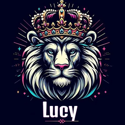 Dibujo majestuoso de león con corona enjoyada, rayos de luz detrás y nombre en la parte inferior. - Lucy
