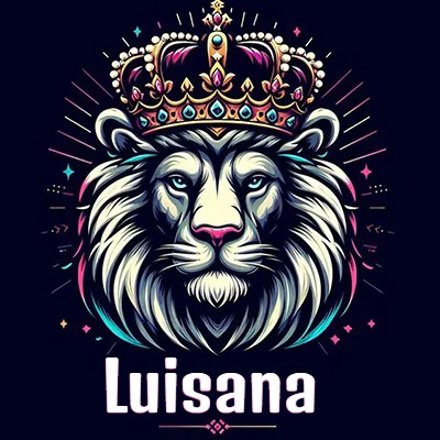 Dibujo majestuoso de león con corona enjoyada, rayos de luz detrás y nombre en la parte inferior. - Luisana
