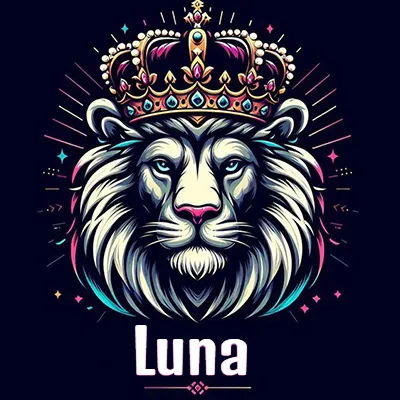 Dibujo majestuoso de león con corona enjoyada, rayos de luz detrás y nombre en la parte inferior. - Luna