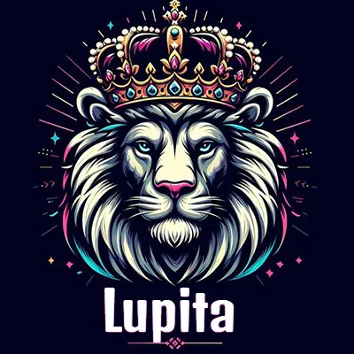 Dibujo majestuoso de león con corona enjoyada, rayos de luz detrás y nombre en la parte inferior. - Lupita