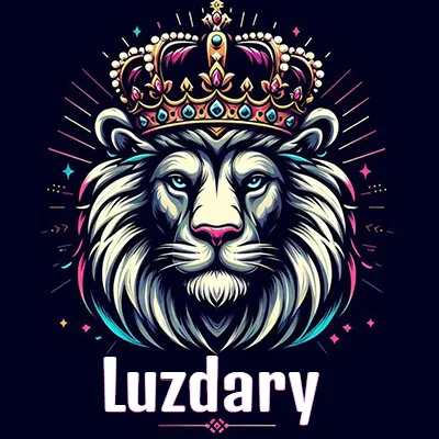 Dibujo majestuoso de león con corona enjoyada, rayos de luz detrás y nombre en la parte inferior. - Luzdary