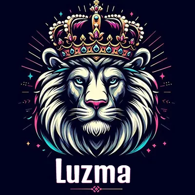 Dibujo majestuoso de león con corona enjoyada, rayos de luz detrás y nombre en la parte inferior. - Luz