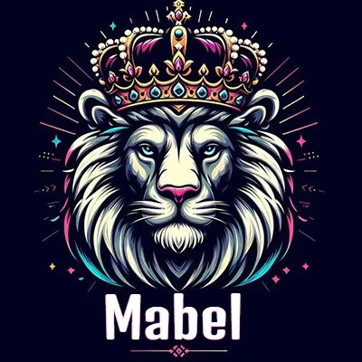 Dibujo majestuoso de león con corona enjoyada, rayos de luz detrás y nombre en la parte inferior. - Mabel