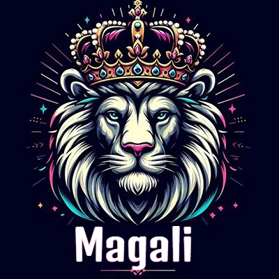 Dibujo majestuoso de león con corona enjoyada, rayos de luz detrás y nombre en la parte inferior. - Magali