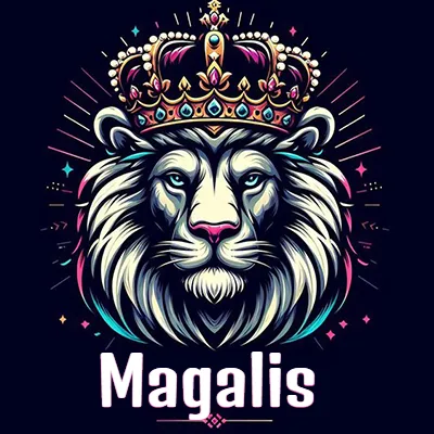 Dibujo majestuoso de león con corona enjoyada, rayos de luz detrás y nombre en la parte inferior. - Magalis Dibujo majestuoso de león con corona enjoyada, rayos de luz detrás y nombre en la parte inferior. - Magalis