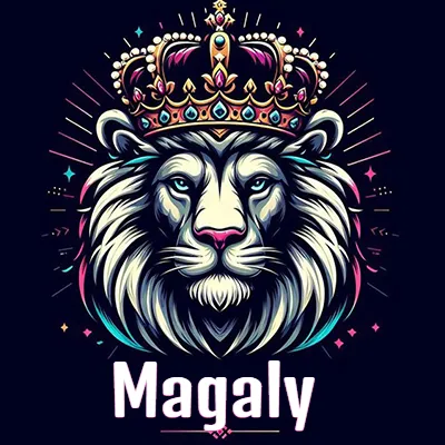 Dibujo majestuoso de león con corona enjoyada, rayos de luz detrás y nombre en la parte inferior. - Magaly