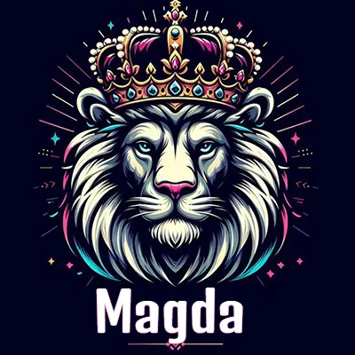 Dibujo majestuoso de león con corona enjoyada, rayos de luz detrás y nombre en la parte inferior. - Magda