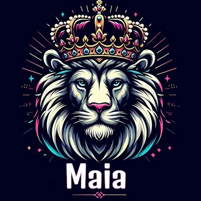 Dibujo majestuoso de león con corona enjoyada, rayos de luz detrás y nombre en la parte inferior. - Maia