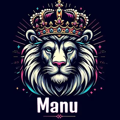 Rostro de león blanco y azul con expresiones serenas y seguras, llevando una corona real engastada con gemas púrpuras y perlas, con un fondo de líneas de luz coloridas que asemejan estrellas. El nombre Manu está escrito en una tipografía vertical simple debajo de la barbilla del león en el centro de la imagen.