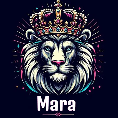 Dibujo majestuoso de león con corona enjoyada, rayos de luz detrás y nombre en la parte inferior. - Mara