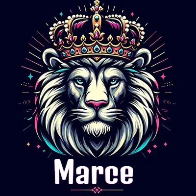 Dibujo majestuoso de león con corona enjoyada, rayos de luz detrás y nombre en la parte inferior. - Marce