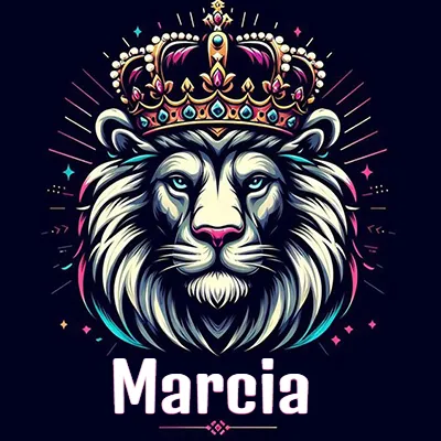 Dibujo majestuoso de león con corona enjoyada, rayos de luz detrás y nombre en la parte inferior. - Marcia