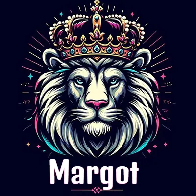 Dibujo majestuoso de león con corona enjoyada, rayos de luz detrás y nombre en la parte inferior. - Margot