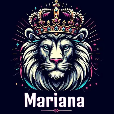 Dibujo majestuoso de león con corona enjoyada, rayos de luz detrás y nombre en la parte inferior. - Mariana