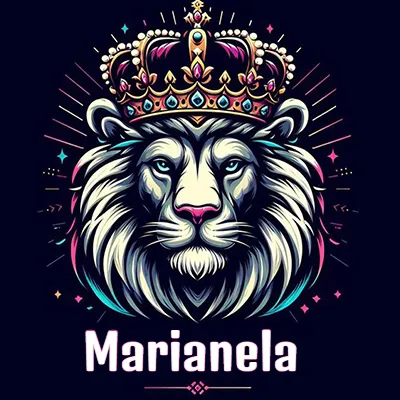 Dibujo majestuoso de león con corona enjoyada, rayos de luz detrás y nombre en la parte inferior. - Marianela