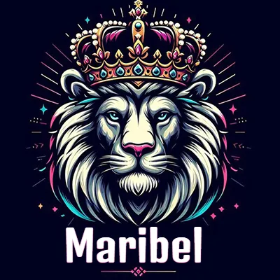 Dibujo majestuoso de león con corona enjoyada, rayos de luz detrás y nombre en la parte inferior. - Maribel