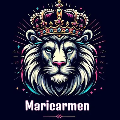 Dibujo majestuoso de león con corona enjoyada, rayos de luz detrás y nombre en la parte inferior. - Maricarmen