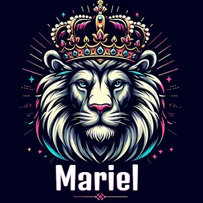 Dibujo majestuoso de león con corona enjoyada, rayos de luz detrás y nombre en la parte inferior. - Mariel