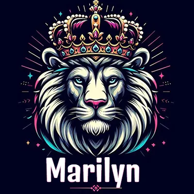 Dibujo majestuoso de león con corona enjoyada, rayos de luz detrás y nombre en la parte inferior. - Marilyn Dibujo majestuoso de león con corona enjoyada, rayos de luz detrás y nombre en la parte inferior. - Marilyn