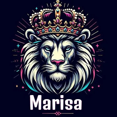 Dibujo majestuoso de león con corona enjoyada, rayos de luz detrás y nombre en la parte inferior. - Marisa