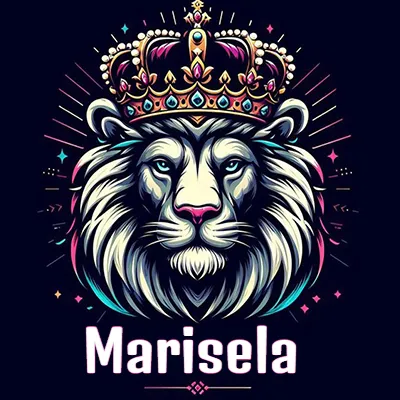 Dibujo majestuoso de león con corona enjoyada, rayos de luz detrás y nombre en la parte inferior. - Marisela